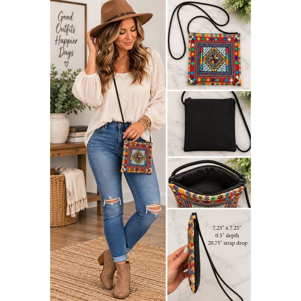 Needlepoint Crossbody Bag Mini Geometric Boho Artsy Multicolor Square Purse